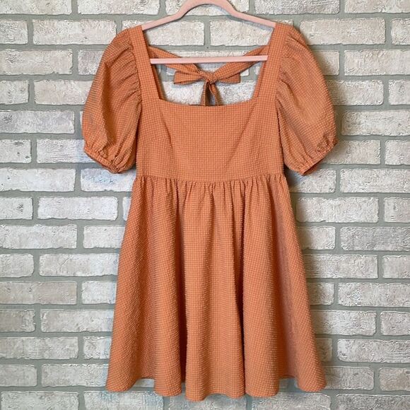 Mable One Kiss Away Peach Square Neck Puff Sleeve Babydoll Mini Dress size S - Picture 1 of 13